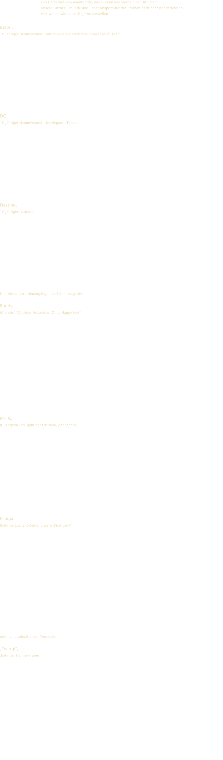 Das Herzstck von Avantgarde, das sind unsere vierbeinigen Athleten.  Unsere Partner, Freunde und unser Ansporn fr das Streben nach hchster Perfektion.  Hier wollen wir sie euch gerne vorstellen...   Bertel,  10 jhriger Hannoveraner, mittlerweile der erfahrene Showhase im Team              DC,  10 jhriger Hannoveraner, der elegante Tnzer               Destino,  10 jhriger Lusitano,                Und hier unsere Neuzugnge, die Schimmelgarde:  Buddy,  (Claretto) 7jhriger Holsteiner, Ollis Happy feet                   Mr. G,  (Guangxou HP) 7jhriger Lusitano, der Schne               Espiga, 9jhrige Lusitano-Stute, unsere First Lady                    und nicht zuletzt unser Youngster   Zwergi,  3jhriger Hannoveraner